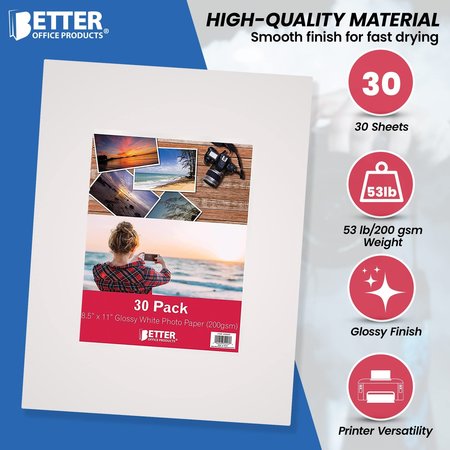 Better Office Products Glossy Photo Paper, 8.5 x 11 Inch, 30 Sheets, 200 gsm, Letter Size, 30PK 32203